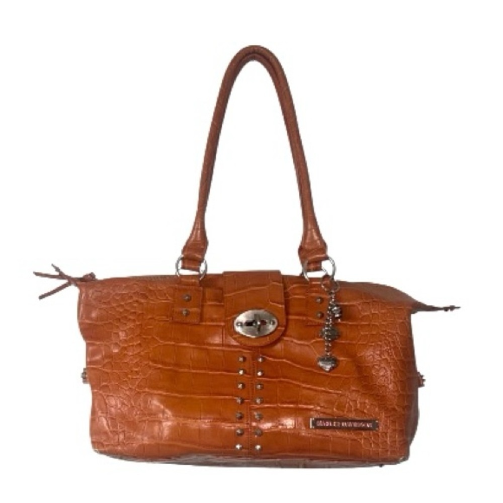 Harley-Davidson Y2K Orange Crocodile Print Genuine Leather Slouchy Bag Handbag - Picture 1 of 7